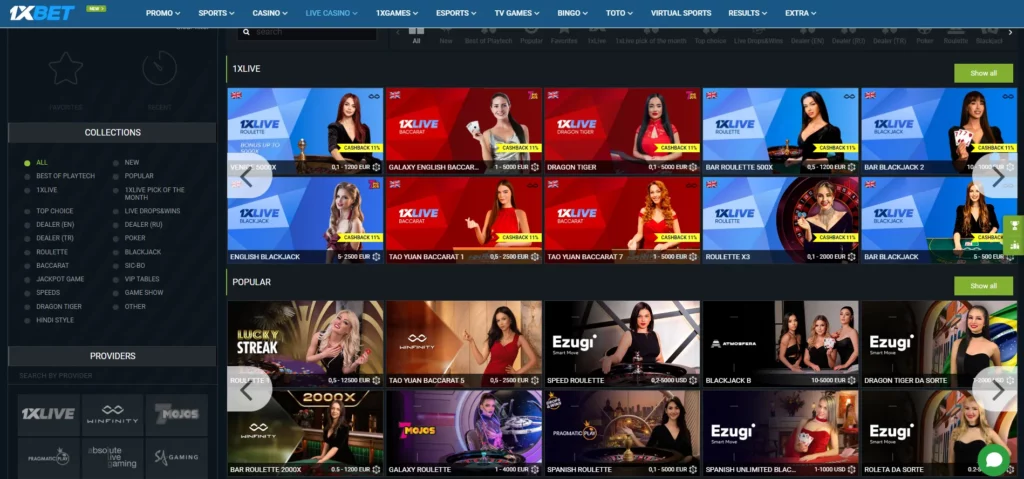 Live dealer games at 1xBet Casino in Bangladesh